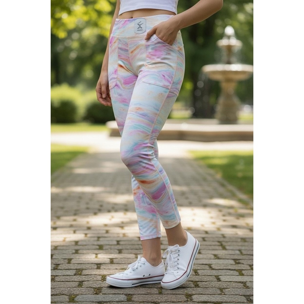 NWT Xersion Girls M 10/12 Pink Mango Print Ankle Leggings Pockets Quick-Dri